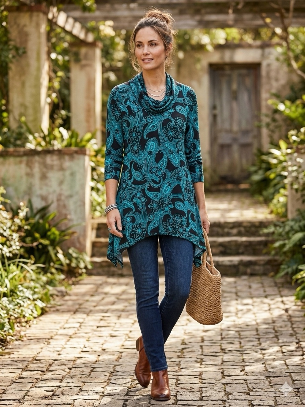 Investments Women's Size L Paisley Cowl Neck Asymmetric Hem Tunic Top